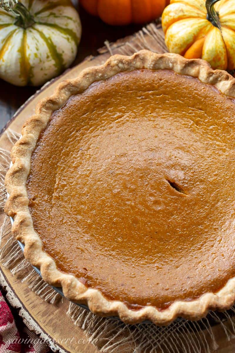 An overhead view of a classic pumpkin pie