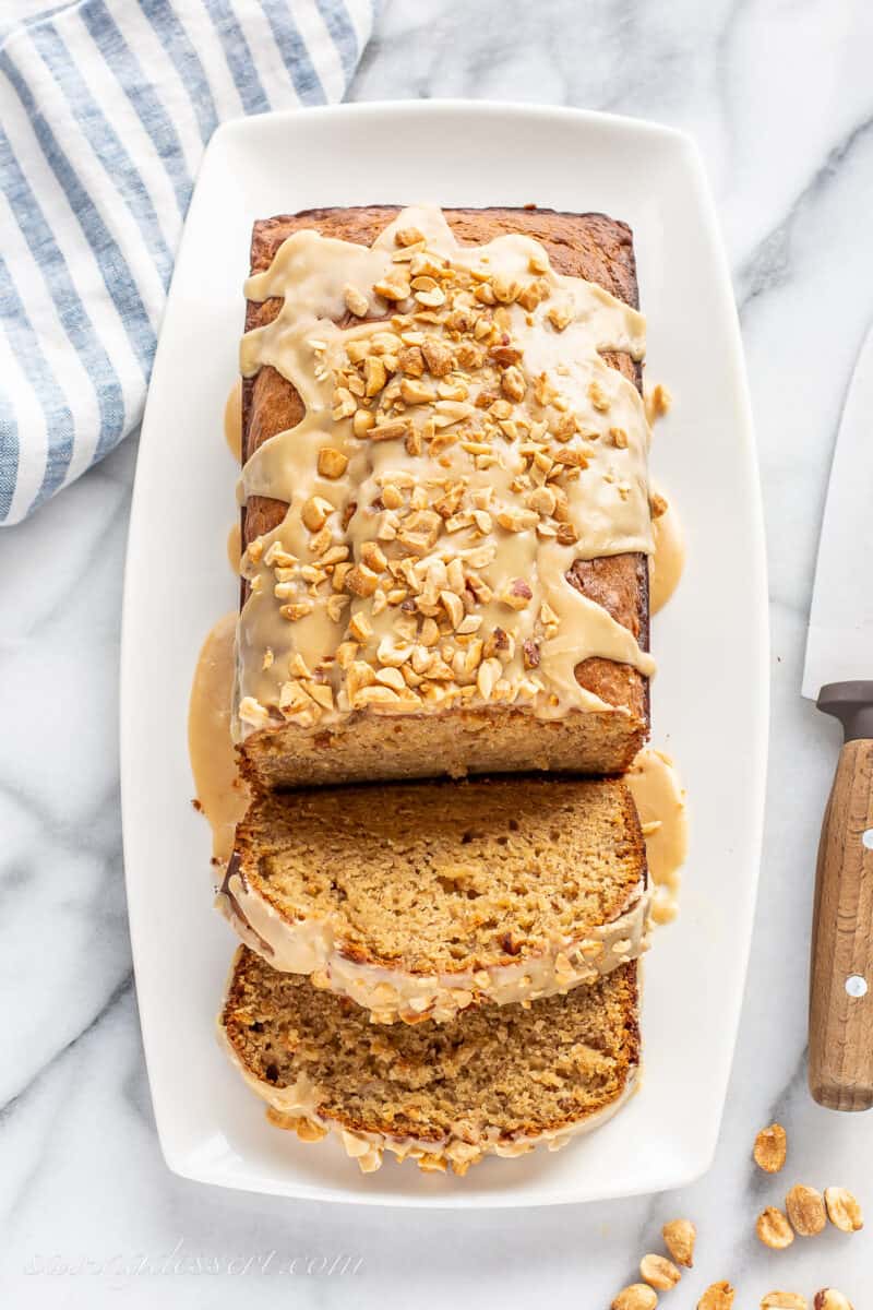 overhead view of a sliced loaf of banana bread