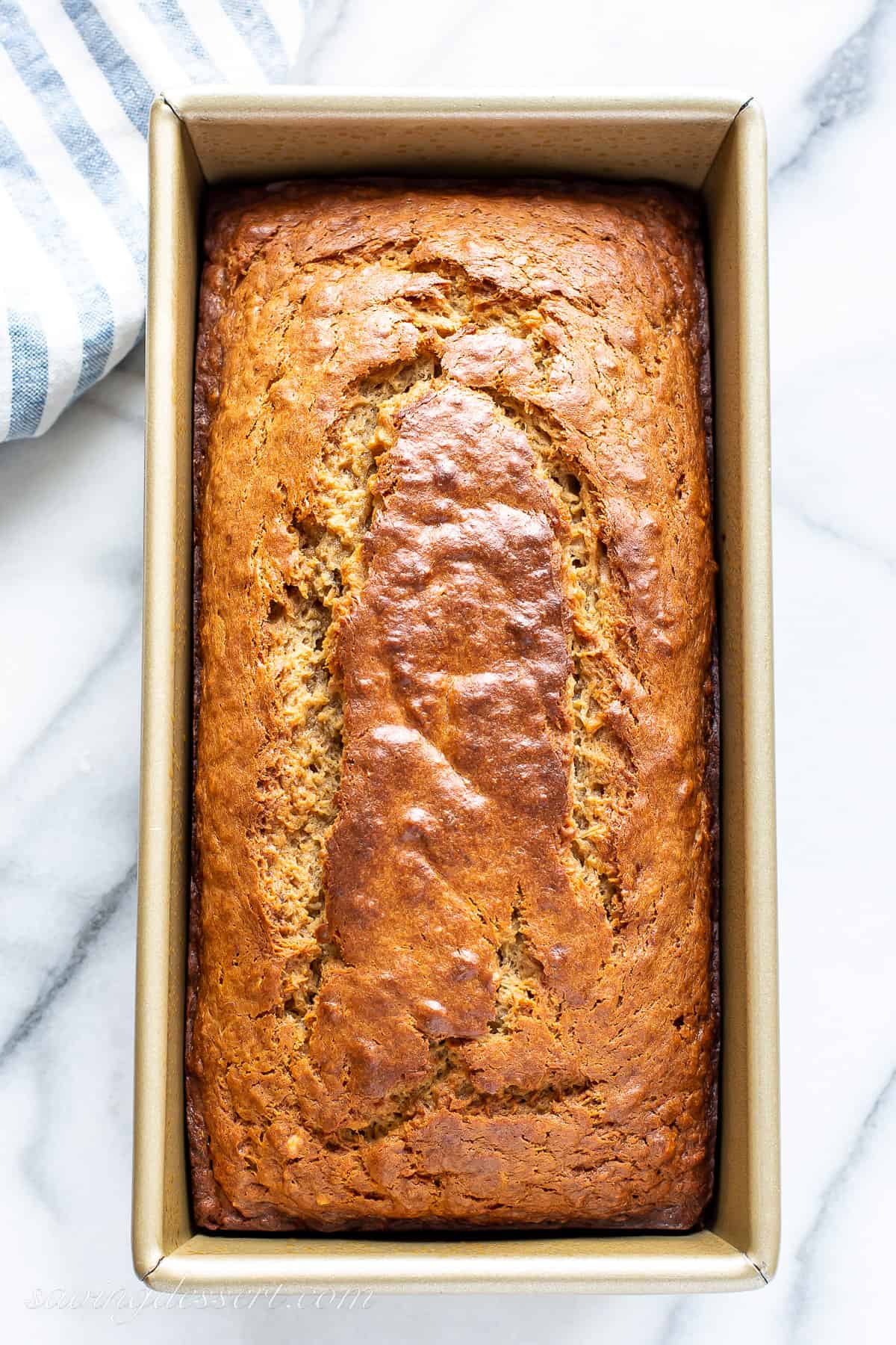 a baked loaf of peanut butter banana bread