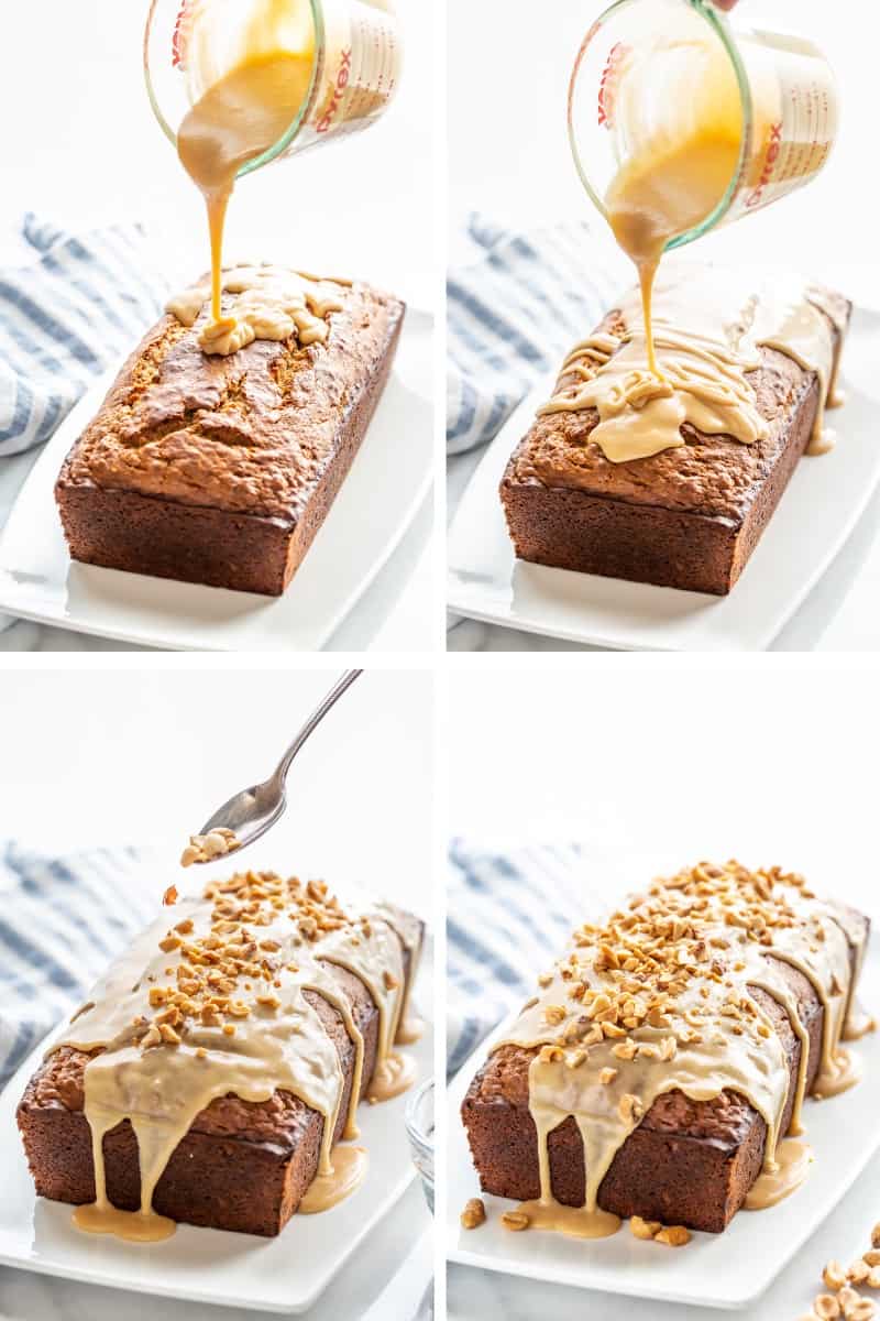 a collage of 4 photos showing peanut butter banana bread being iced and then sprinkled with chopped peanuts