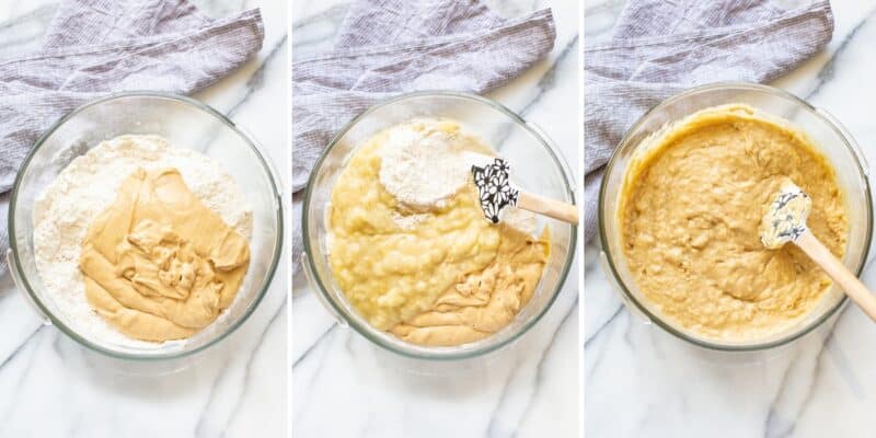a collage of three photos showing cake batter being mixed together