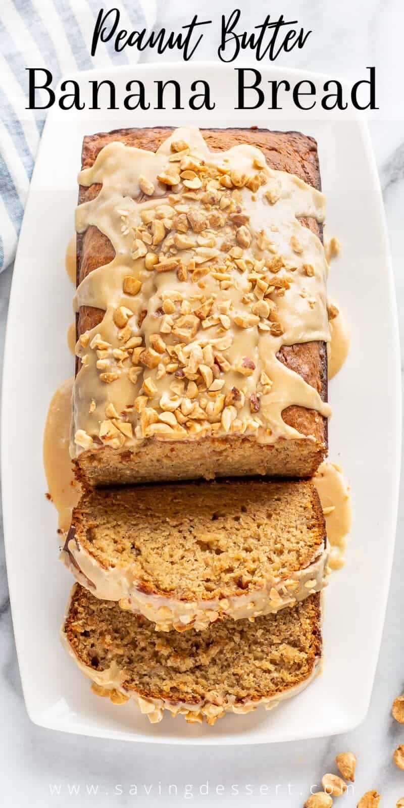 an overhead view of a sliced loaf of peanut butter banana bread