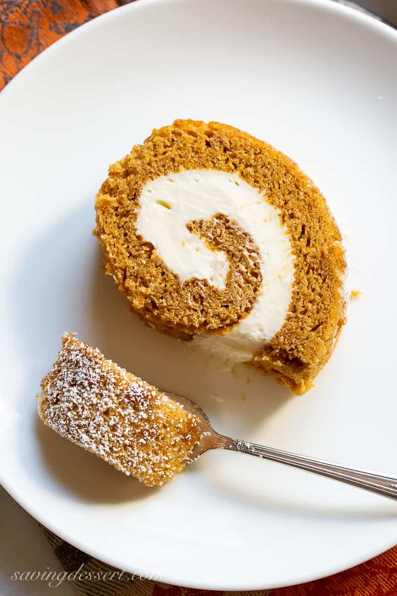 Overhead view of a slice of pumpkin roll