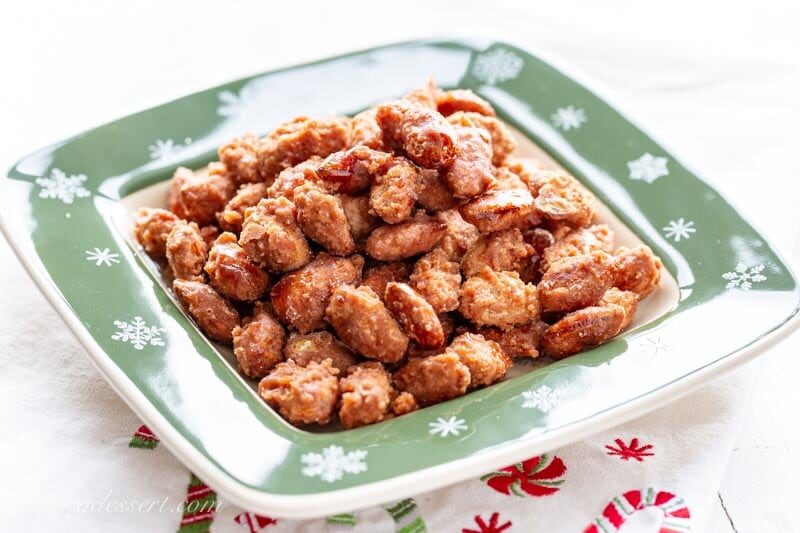 A Christmas plate filled with burnt sugar almonds