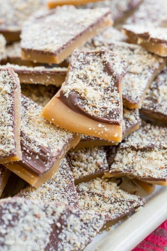 Easy to make and perfect for gifting, Old Fashioned English Toffee dusted with grated almonds - a family favorite for generations! www.savingdessert.com #savingroomfordessert #toffee #christmas #candy #englishtoffee