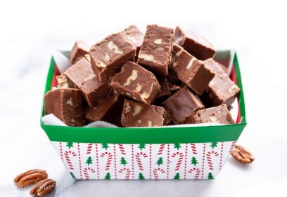 A side view of a box of fudge