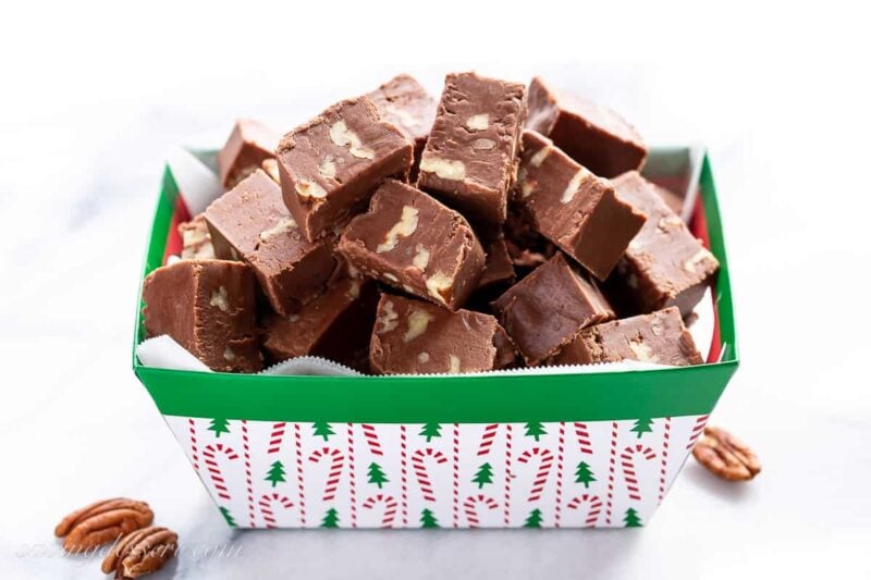 A side view of a box of fudge