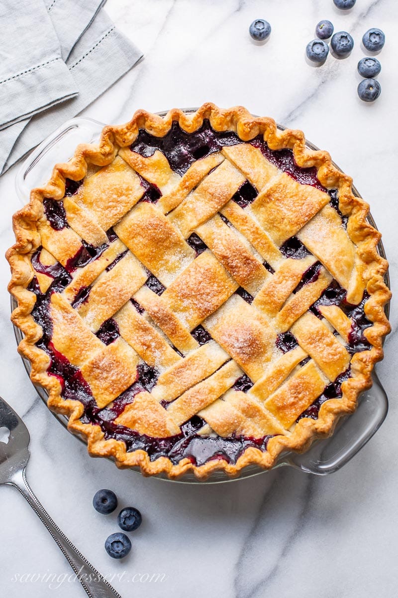 A whole golden brown lattice topped pie