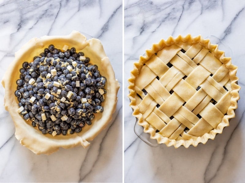 A collage of photos showing an unbaked pie made with a lattice crust