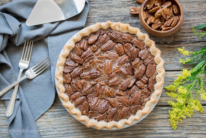 Chocolate Pecan Pie - Fudgy and rich, this is an easy pie to make and everyones favorite during the holidays. www.savingdessert.com
