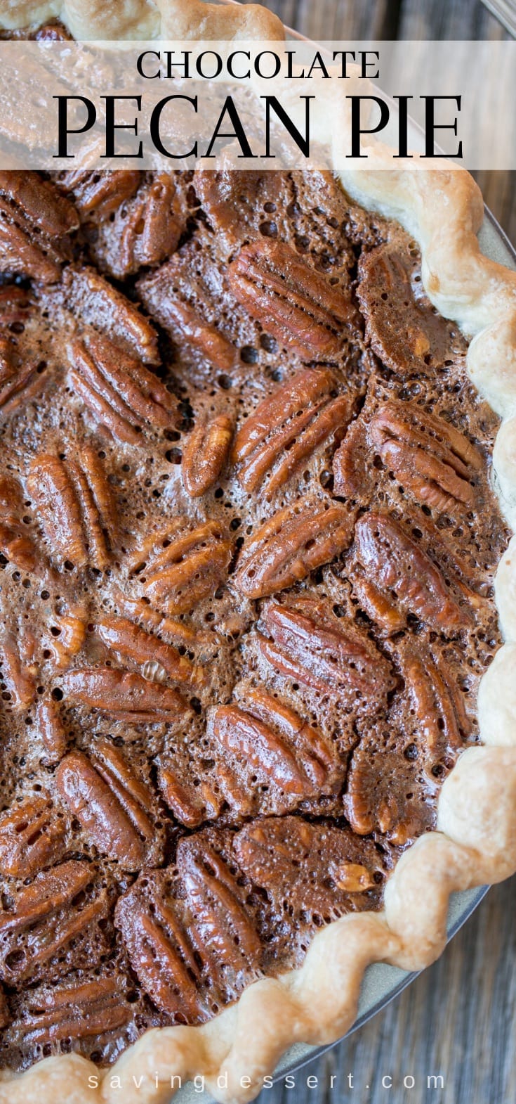 A closeup of a chocolate pecan pie