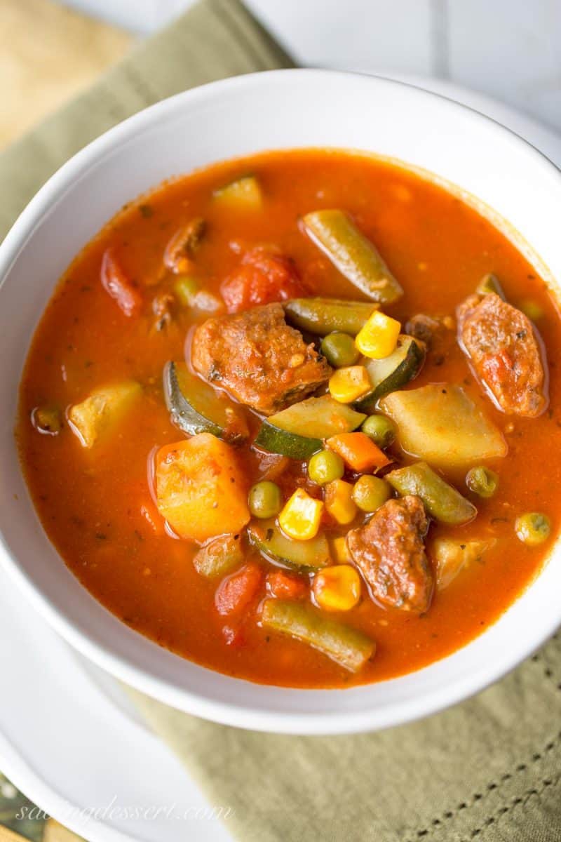 Vegetable Beef Soup with green beans, carrots, potatoes and peas