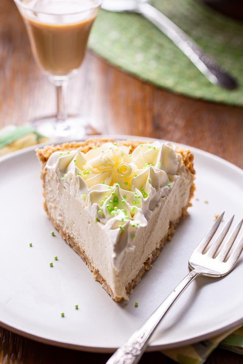 A slice of Irish Cream Pie on a plate