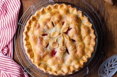 A fresh cherry pie baked to a golden brown