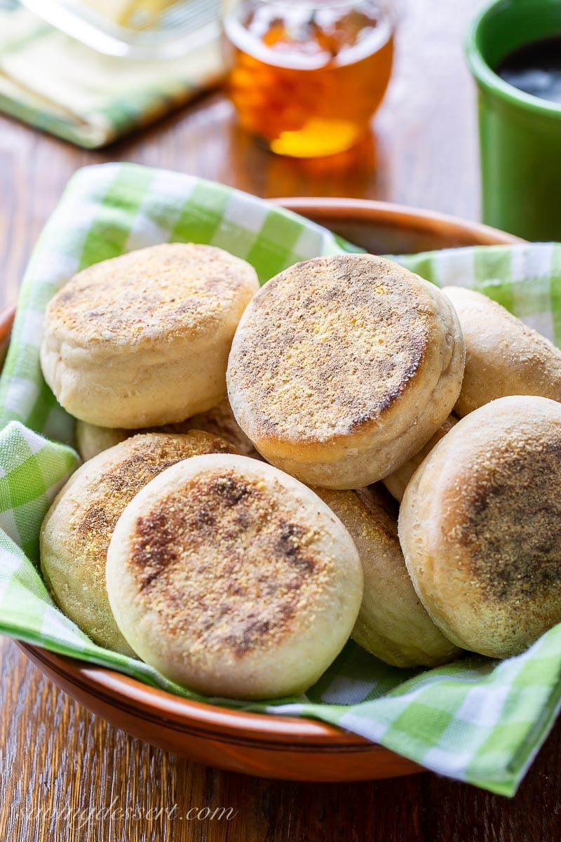 A bowl of homemade English muffins