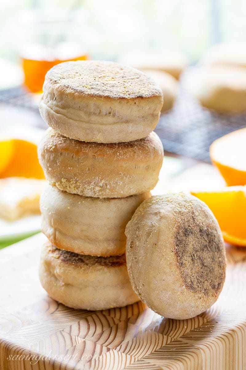 A stack of homemade English muffins