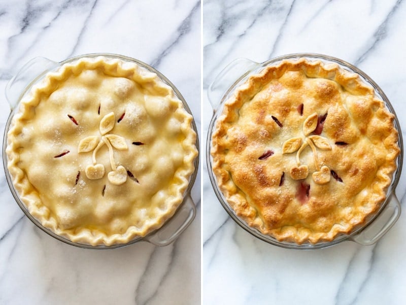 a collage of two photos one with an unbaked pie and another with a baked cherry pie