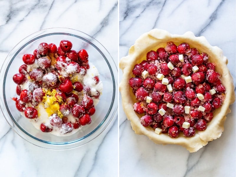 A collage of photos showing the filling for fresh cherry pie