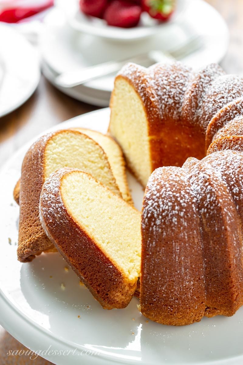 sliced pound cake with strawberries