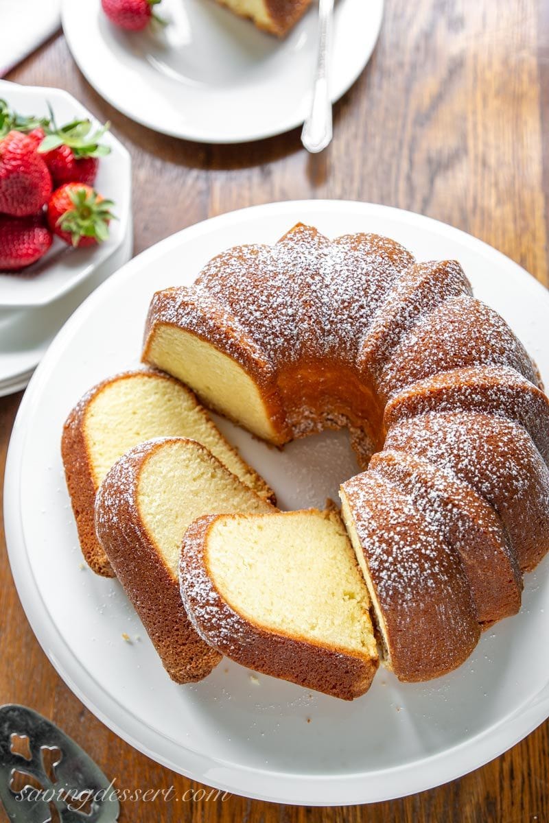 sliced pound cake with strawberries