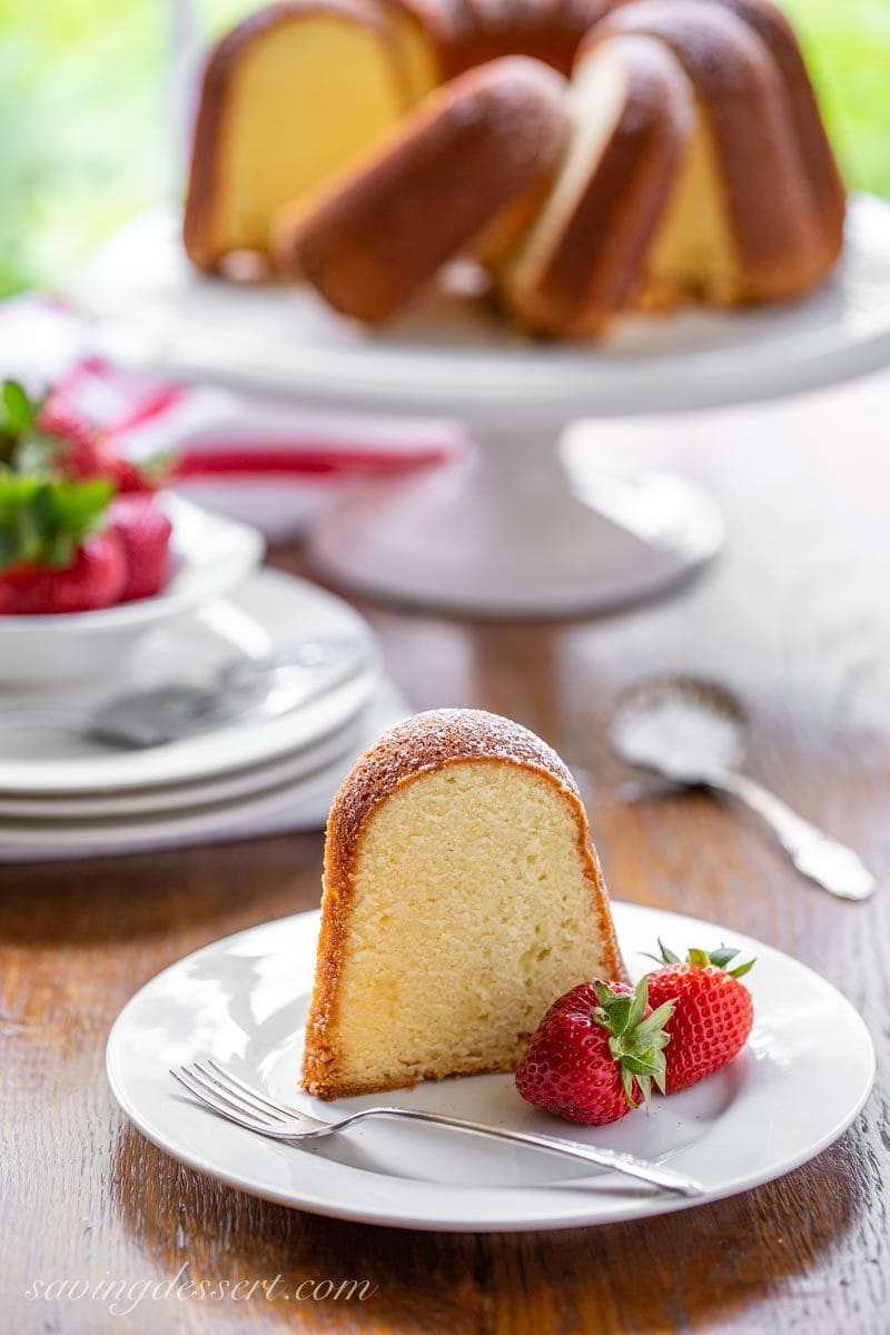 a slice of cream cheese pound cake with strawberries