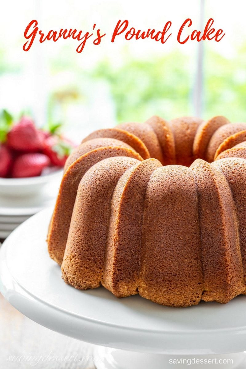 Granny's Pound Cake - Tender and never dry, with a buttery taste and incredible texture. This Pound Cake is delicious toasted or served with juicy fresh fruit, ice cream or as a layer in a trifle. This cake also freezes beautifully. #savingroomfordessert #poundcake #margarinepoundcake #creamcheesepoundcake #cake #grannyscake #dessert 