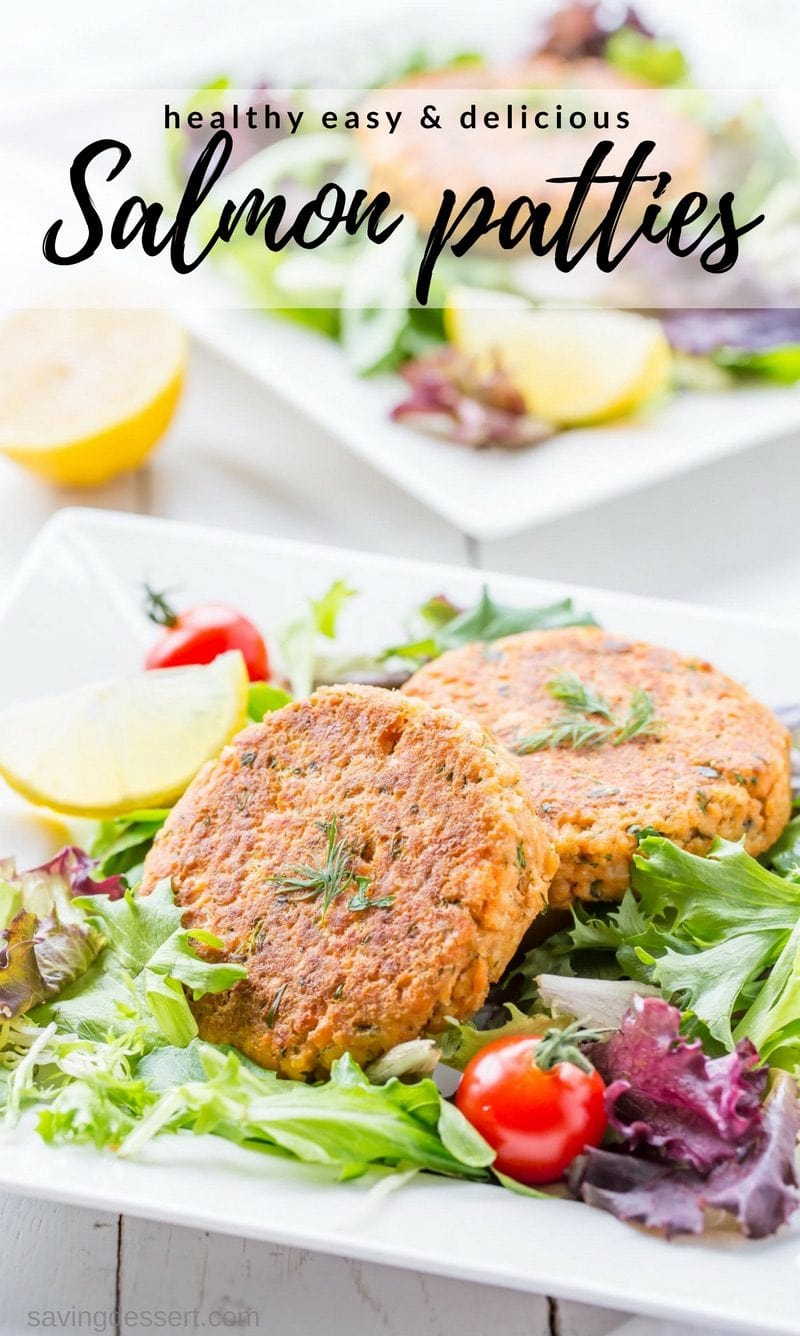 Easy, healthy and delicious, Salmon Patties are a terrific anytime meal loaded with flavor, plenty of protein and are perfect served with salad or as a burger style on a bun. www.savingdessert.com #savingroomfordessert #easydinner #quickdinner #salmon #salmoncakes #salmonburgers #salmonpatties