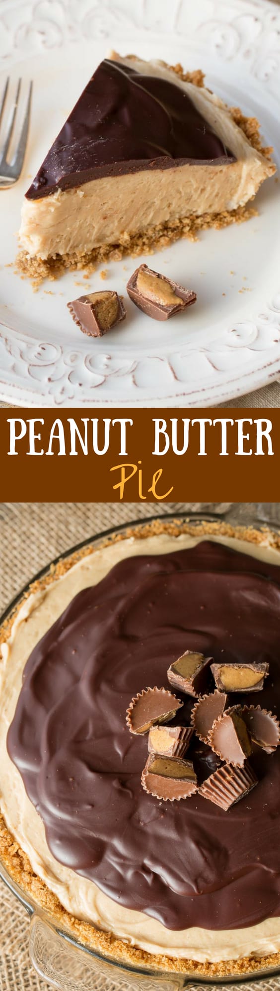 Peanut Butter Pie - A rich and creamy peanut butter pie filling topped with smooth chocolate ganache. www.savingdessert.com