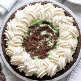 Overhead view of a decorated Grasshopper Pie