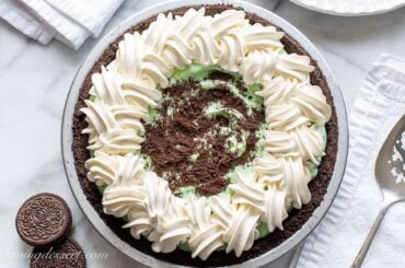 Overhead view of a decorated Grasshopper Pie