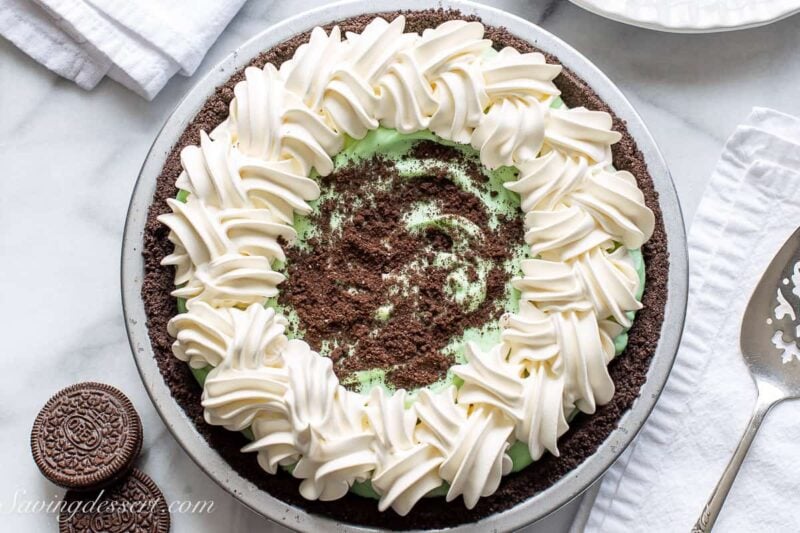 Overhead view of a decorated Grasshopper Pie