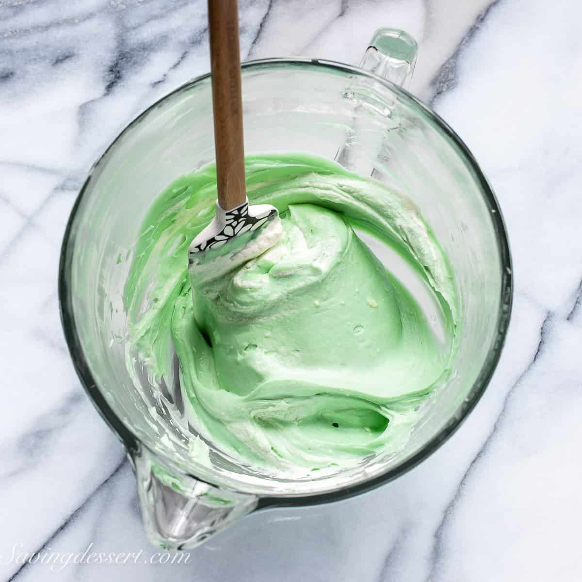 A bowl with minty green pie filling