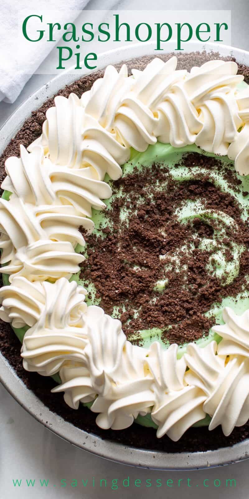 Overhead view of a Grasshopper Pie with a whipped cream border and crumbled Oreos on top