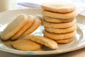 Plate of stacked Lemon Icebox Cookies