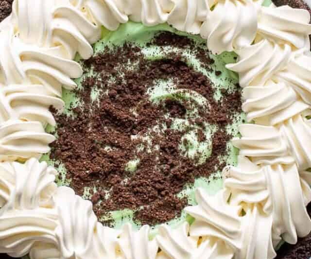 Overhead view of a decorated Grasshopper Pie