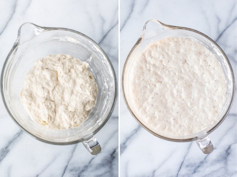 Collage of photos showing dough in a bowl before and after it's risen