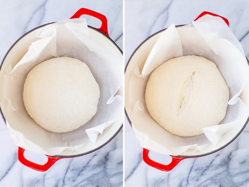 A collage of photos showing homemade no-knead Artisan bread being baked in a Dutch Oven