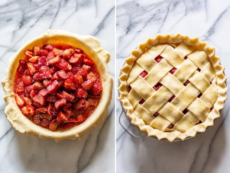 A collage of photos showing an unbaked strawberry rhubarb pie with fruit in a crust, the one topped with a lattice pastry