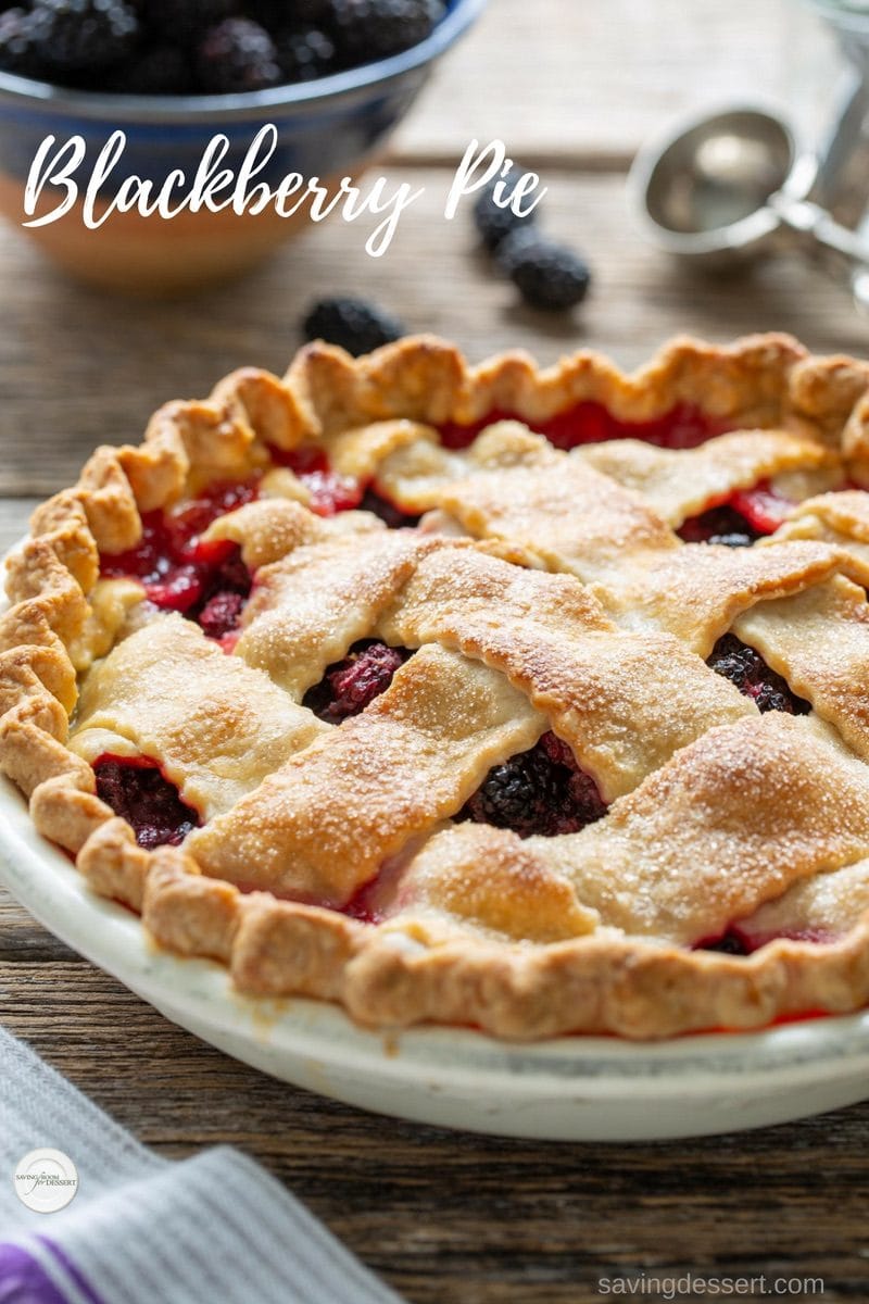 Homemade blackberry pie with a thick lattice top crust.