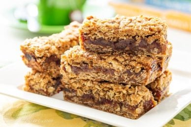 Closeup of a plate of date bar cookies
