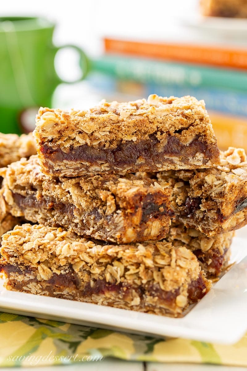 Side view of a plate of date cookies with oats and cinnamon