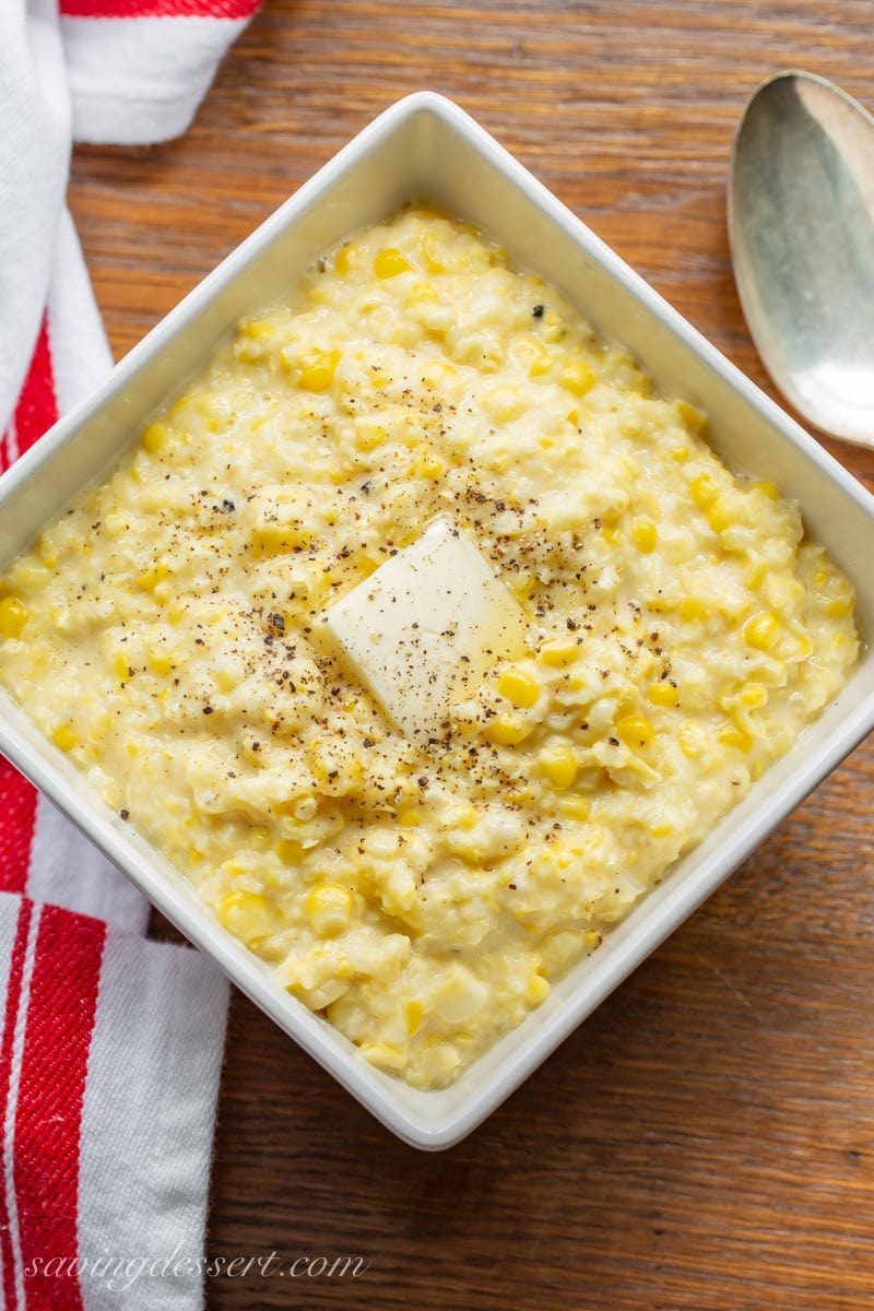 Bowl of fried, skillet corn with butter