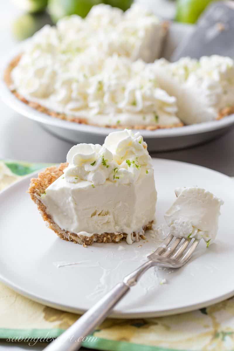 A slice of Frozen Margarita Pie with a pretzel crust