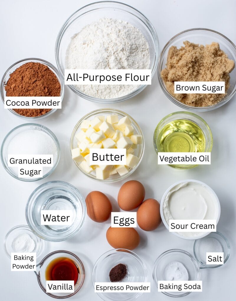 A photo showing ingredients used in making a chocolate birthday cake. Each ingredient is labeled. 