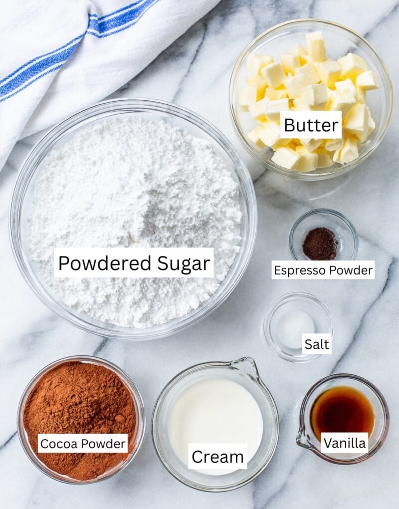 A photo with ingredients needed to make silky chocolate frosting.