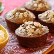 Side view of Banana Bran Muffins with Oats