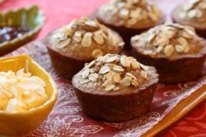 Side view of Banana Bran Muffins with Oats