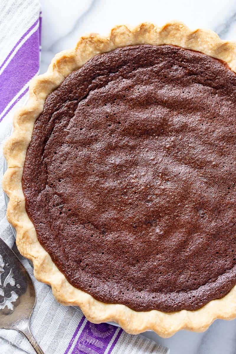 Overhead view of a fudgy chocolate chess pie