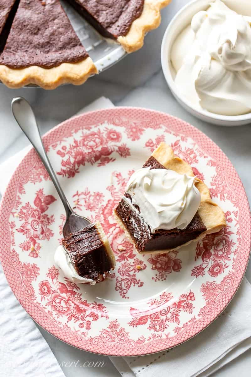 Overhead view of part of a slice of chocolate chess pie