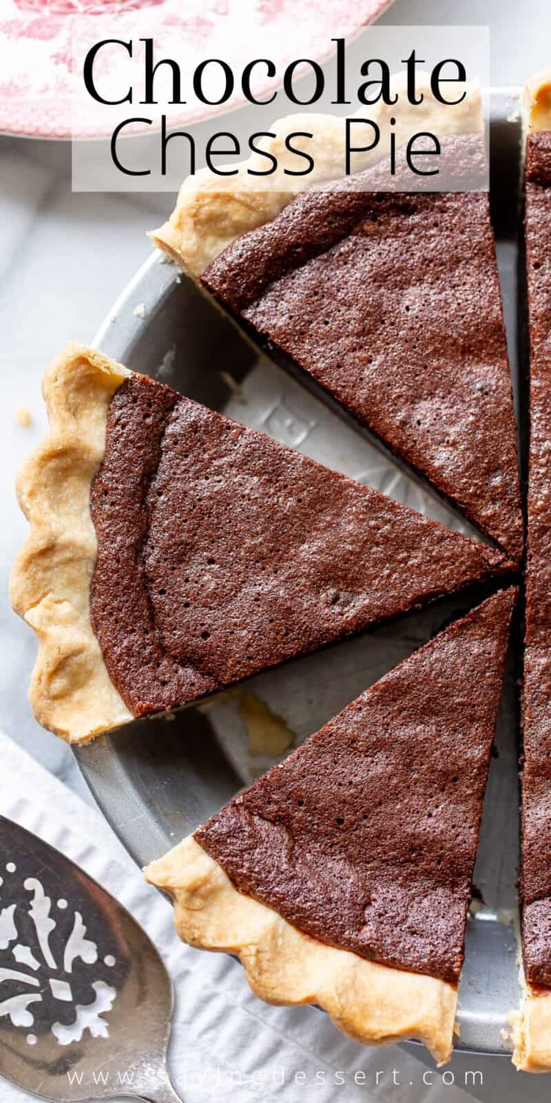 Overhead view of a sliced chocolate chess pie 